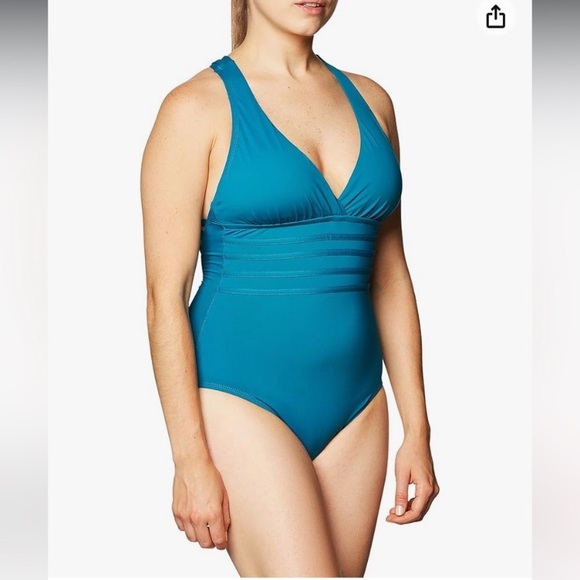 La Blanca Bathing Suit Swim One Piece Island Goddess Cross-Back V-Neck Compress - Picture 7 of 13